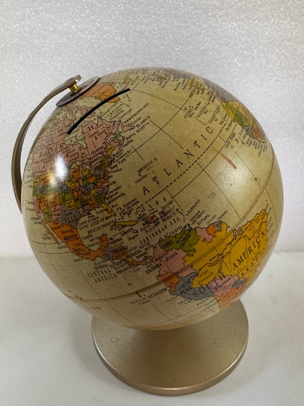 Vtg Replogle 6 Inch Metal Desk Globe Coin Bank Made in USA